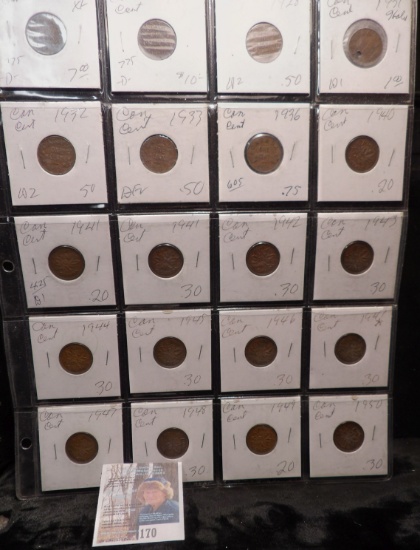 20-pocket Plastic page of Canada Cents dating 1920-1950, all different dates. (20 pcs.)