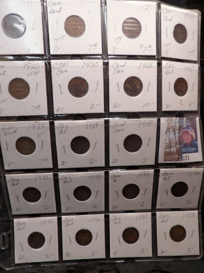 (19) Canada Cents dating 1920-1938, stored in a 20-pocket plastic page.
