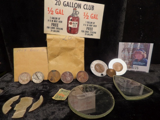 1954 Silver Roosevelt Dime; (3) early Wheat Cents dating back to 1909; Pair of Encased Wheat Cents;