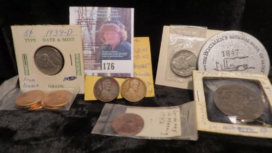 1939 D & 1942 D t.1  Jefferson Nickels (note says it was brought back from France); 1918 D & 26 D Ce