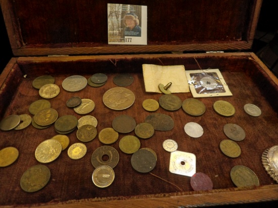 Collection of Old Coins in a felt-lined Wooden Box. Includes a Silver U.S. Peace Dollar.