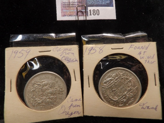 1958 Canada Silver Half Dollar labeled as having been found at Windthor Washington & 1959 Canada Sil