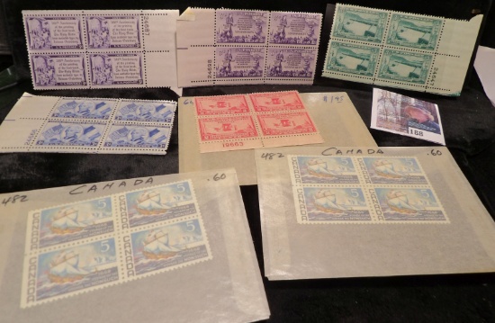 (5) U.S. Plateblocks  & (2) Plateblocks of Canada Stamps.