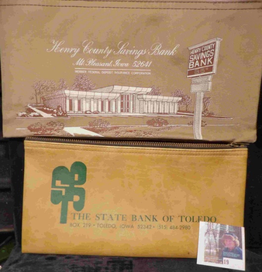 Pair of Zipper Bank Bags: "The State Bank of Toledo Box 219.Toledo, Iowa 52342.(515) 484-2980" & "He