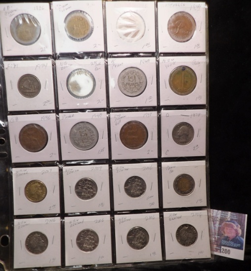 20-pocket plastic page full of mostly foreign coins.