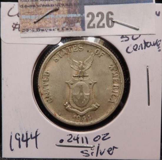 1944 Phillipines 50 centavos, .2411 oz silver
