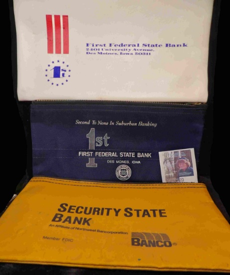 (3)  Zipper Bank Bags: "First Federal State Bank 2401 University Avenue, Des Moines, Iowa 50311", "S