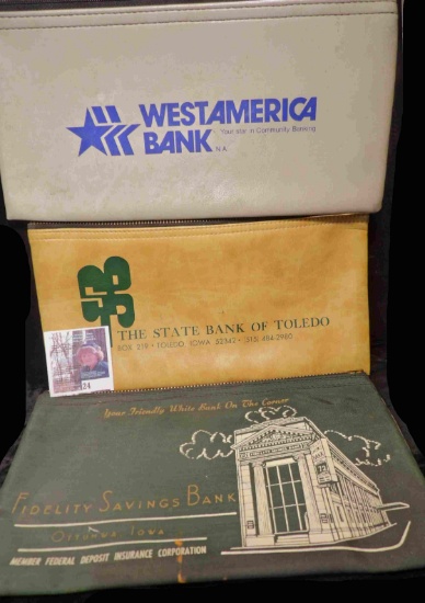 (3)  Zipper Bank Bags: "WestAmerica Bank", "The State Bank of Toledo (Iowa)â€¦", & "Fidelity Savings