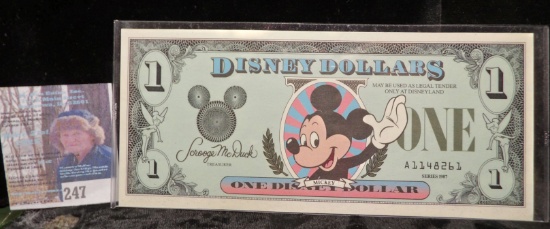 1987 Series 1 "Disney Dollars" A1148261, Mickey obverse, reverse Sleeping Beauty Castle. MS 64 or be