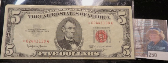 Series 1963 $5 "Red Seal" Star Replacement U.S. Note in plastic sleeve.