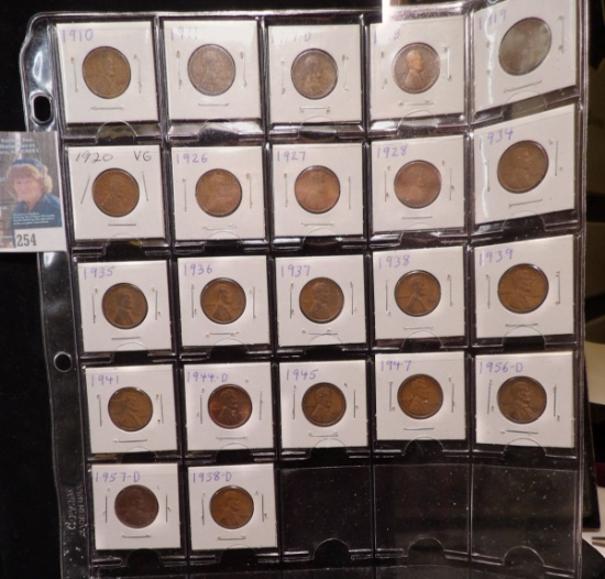 Partial Set of Lincoln Cents in a Plastic Page dating from 1910-58 D. (22 pcs.).