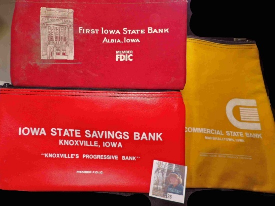 (3)  Zipper Bank Bags: "Iowa State Savings Bank Knoxville, Iowa", "Commercial State Savings Bank Kno