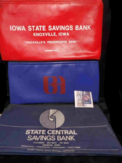 (3)  Zipper Bank Bags: "Iowa State Savings Bank Knoxville, Iowa", "BM", & "State Central Savings Ban