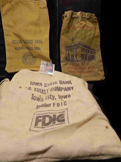 (3) Canvas Bank Bags: "Kellogg Savings Bank Kellogg & Sully, Iowa", "Iowa State Bank & Trust Company