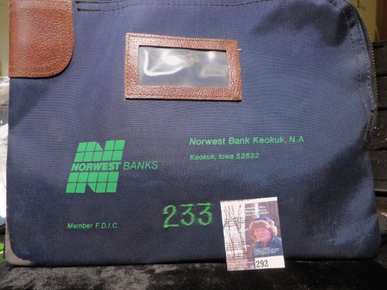 Large Zipper Lock Bank Bag with Key "Norwest Bank Keokuk, N.A. Keokuk, Iowa  52632", # 233.