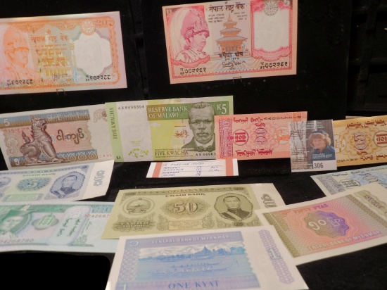 (12) Foreign Bank notes: (1) Malawi, (6) Mongolia, (3) Myanmar, & (2) Nepal. All CU.