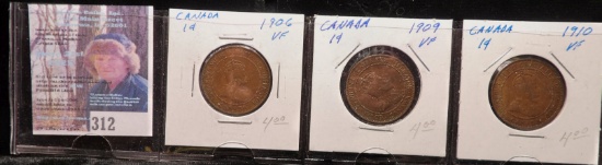 1906, 1909, & 1910 Canada Large Cents, all VF.