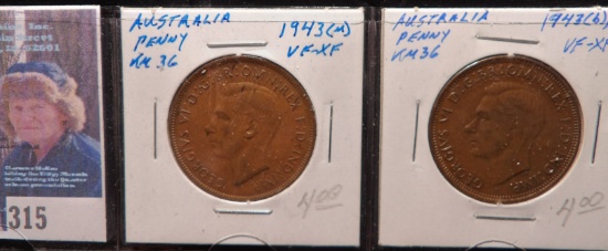 1943 (m) & 1943 (b) Australia Large Pennies, VF-EF, KM # 36.