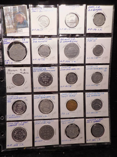 (19) Different South Dakota Good For Tokens. All carded and stored in a plastic page.