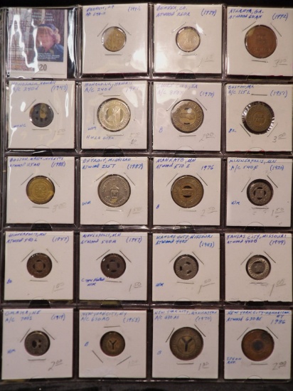 (19) Transportation Tokens in a plastic page. All different.