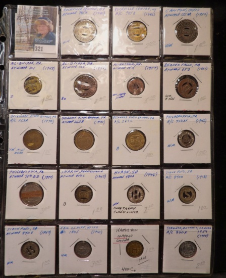 (19) Transportation Tokens in a plastic page. All different.