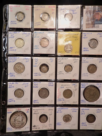 (19) Foreign Silver Coins with a total of 1.107 oz. of Silver. All stored in a 20-pocket plastic pag