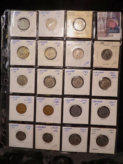 (19) Canada Nickels dating 1933-1951. All stored in a 20-pocket plastic page. All stored in a 20-poc