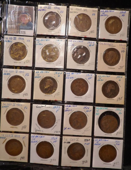 (19 pc.) Partial set of Great Britain Large Pennies dating 1906-1931. All different. All stored in a