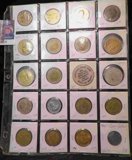Plastic page containing (20) Miscellaneous Tokens, Wooden Nickel, 1934 Union Pacific Medal and etc.