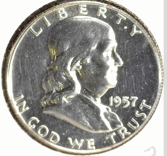 1957 P Proof Silver Franklin Half Dollar.