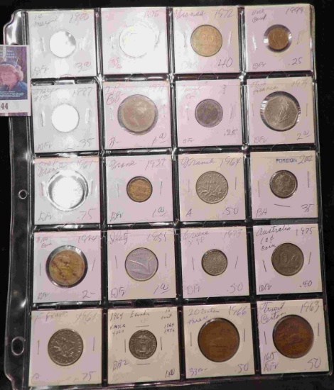 20-Pocket Plastic Page containing Foreign Coins dating back to 1900.