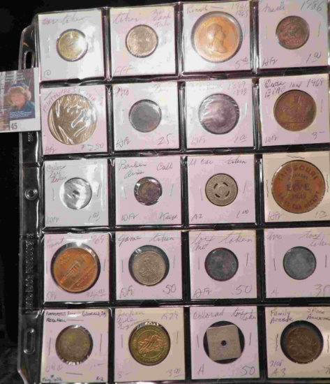 20-Pocket Plastic Page containing tokens and medals including an 1861-65 George Washington President
