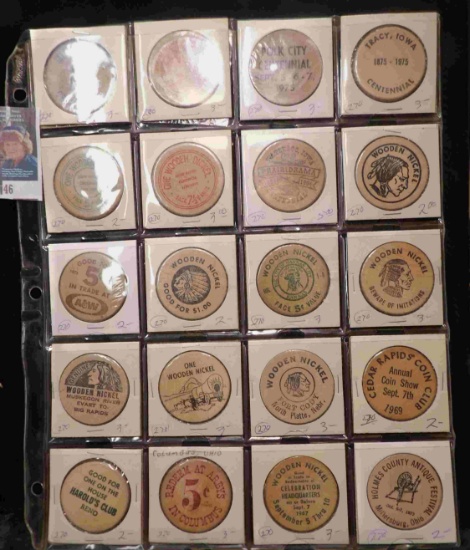 20-Pocket Plastic Page containing Various Wooden Nickels.