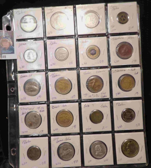 20-Pocket Plastic Page containing Various Tokens & Medals.