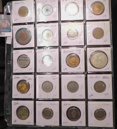 20-Pocket Plastic Page containing Foreign Coins , Tokens, & Medals. Even includes a Mexican Silver P