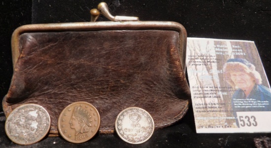 Leather Coin Purse with (3) Old U.S. Civil War Tokens.