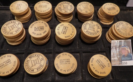 (120) Wooden Nickels "Good For 5c in Trade/5th Anniversary/Family Drug/48th & Van Dorn/Nov.14-20 196