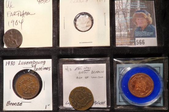 Great Britain 1904 Farthing Brown AU & circa 1801 "Act of Union" copper; 1930 Luxembourg 25 Centimes