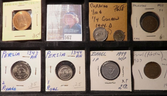 1955 South Africa Half Penny, Red BU; One & Two Ryals from Persia, BU; (3) Israel & Palestine Minors