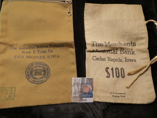 Pair of Canvas Money Bags "The Iowa-Des Moines National Bank & Trust Co. Des Moines, Iowa" & "The Me