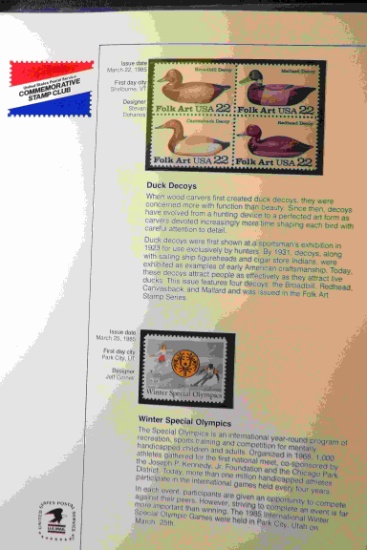 Notebook with 27 Mint 1985 era stamps, includes three plateblocks of four.