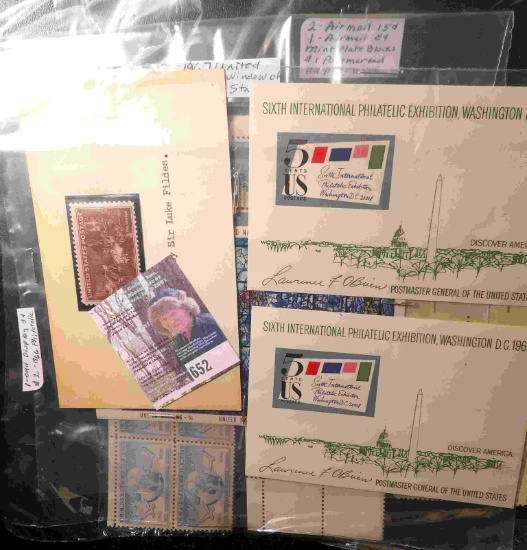 Packet (2) Air mail 15c, Mint Plate block, Air mail 8c, & a post marked block of four; "The Doctor"