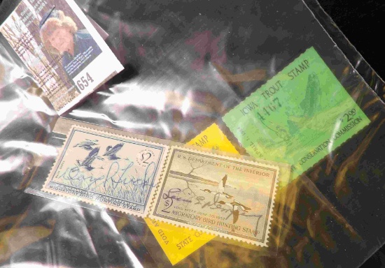 RW 22 & 23 Signed Federal Migratory Waterfowl Stamps from 1955 & 1956; & 1963 & 1964 Iowa Trout Stam