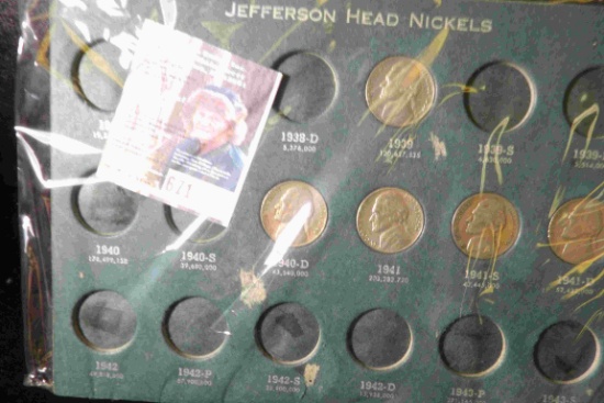 1939-1965 Partial Set of Jefferson Nickels in an old Meghrig green folder.