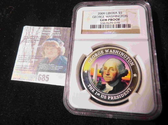 2009 Liberia $5 NGC slabbed Gem Proof. Colorized with George Washington's bust.