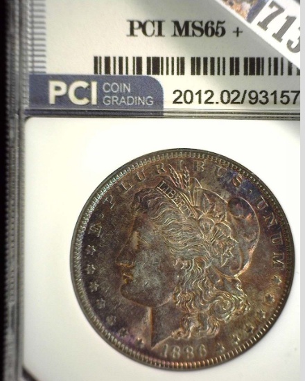 1886 P Morgan Silver Dollar slabbbed PCI MS65+. Attractive obverse toning.