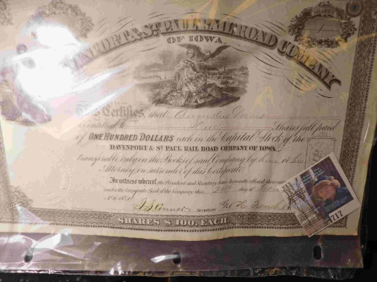 February 26th, 1874 Stock Certificate # 1443 for One Share of "Davenport & St. Paul Railroad Company
