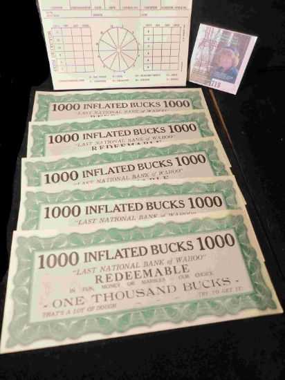 (5) Depression era "1000 Inflated Bucks 1000/"Last National Bank of Wahoo"Redeemable/In Fun, Money o