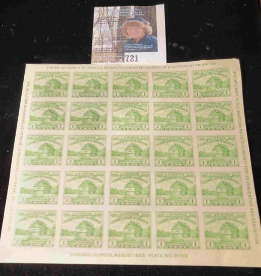 1933 Souvenir Sheet of United States 1-cent stamps, issued for the "Century of Progress" World's Fai