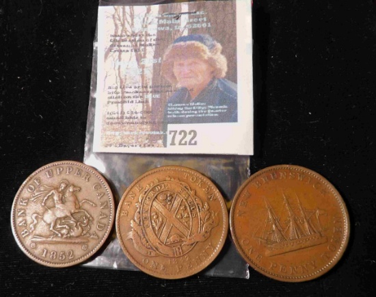 (3) Large Copper Penny Canada Bank Tokens: 1843 Queen Victoria Large Penny Token from New Brunswick,